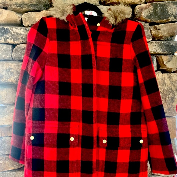 J.Crew buffalo check wool coat with hood NWT Size 2 fur hood RED - Picture 2 of 7